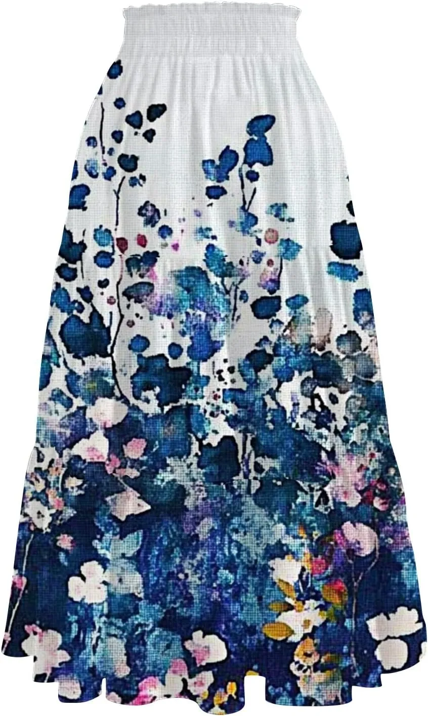 Plus Size Pleated Skirt for Women High Waist Flowy A-Line Maxi Skirt Summer