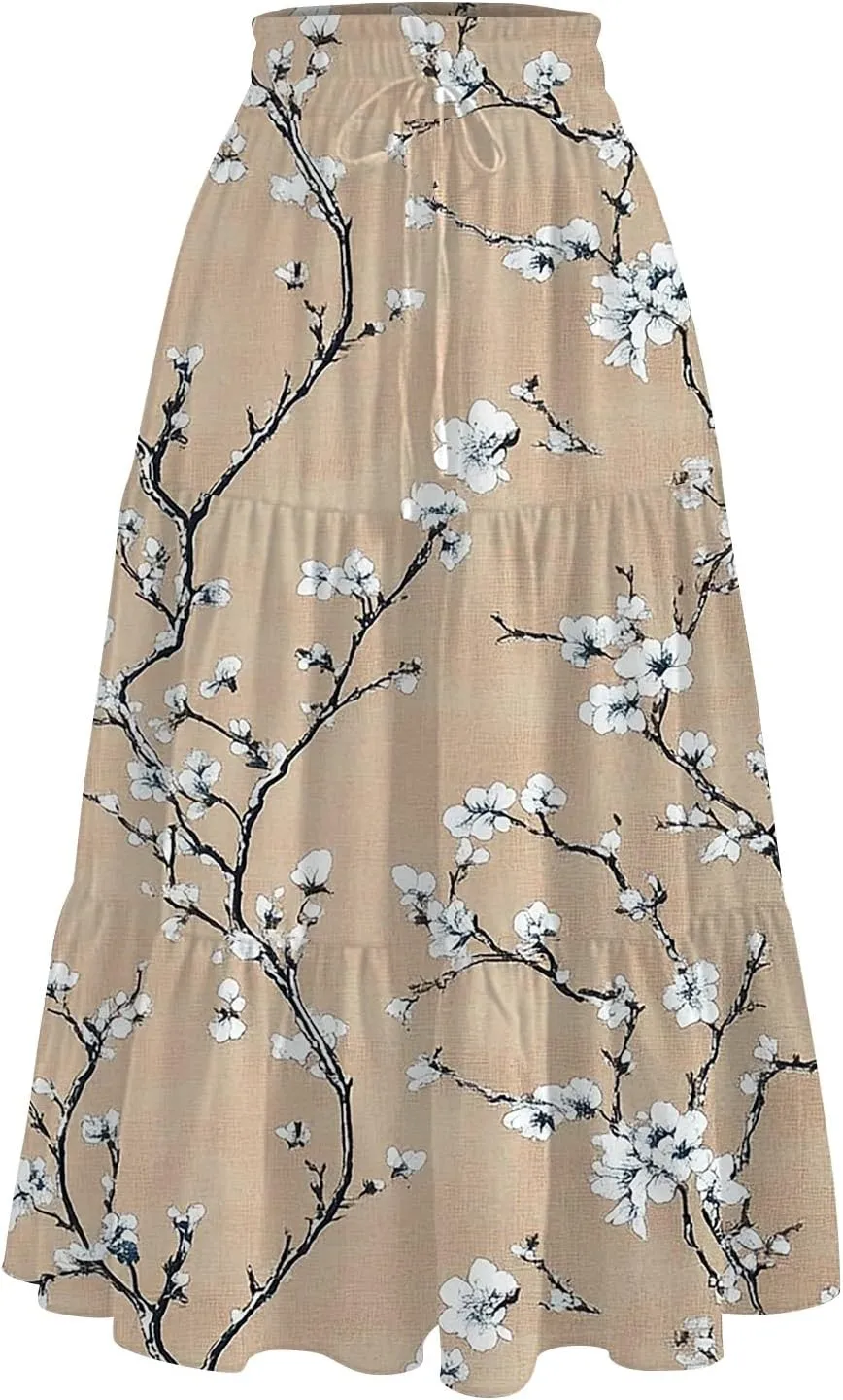 Plus Size Pleated Skirt for Women High Waist Flowy A-Line Maxi Skirt Summer
