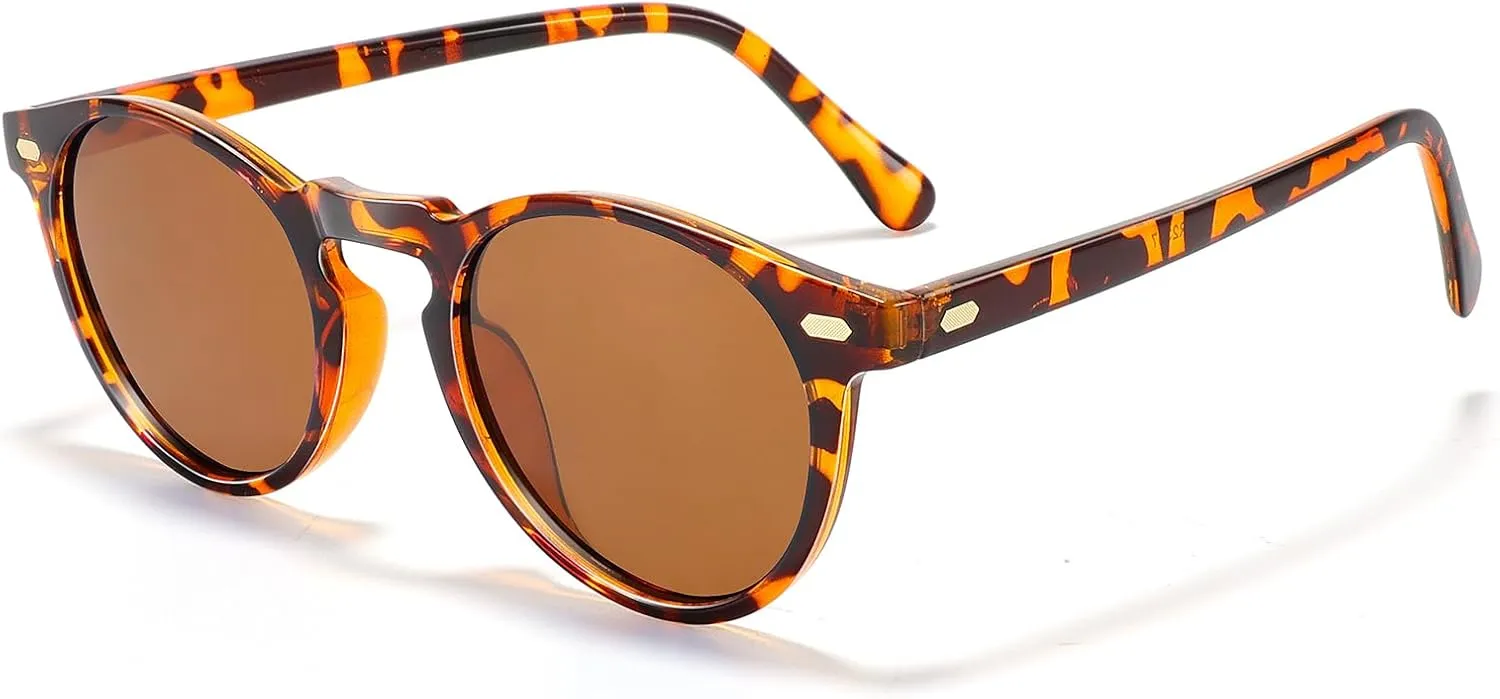 Polarized Round Steampunk Sunglasses with Leather Side Double Bridge Shield Retro Eyewear for Men Women