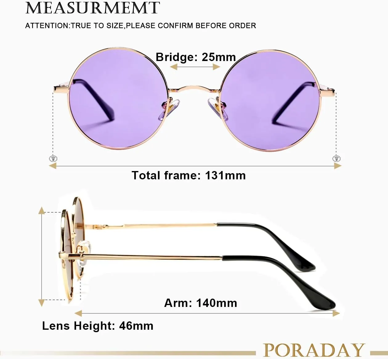 PORADAY Classic Circle Glasses Retro Round Polarized Sunglasses Hippie Style Small Rounded Sun Shades