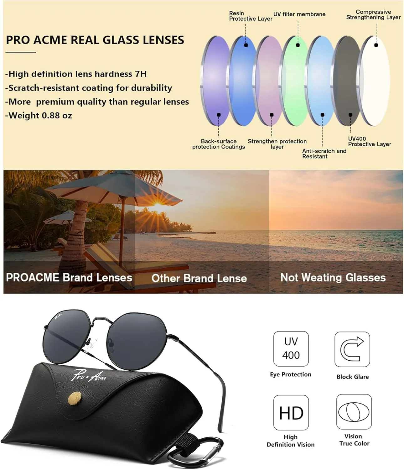 Pro Acme Glass Round Sunglasses for Women Men, Metal Frame Polygon Shades Sun Glass 53MM
