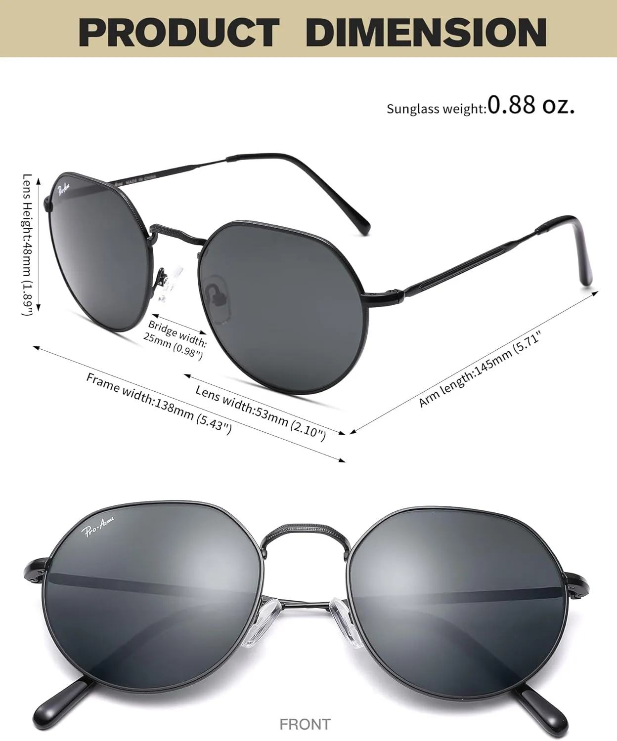 Pro Acme Glass Round Sunglasses for Women Men, Metal Frame Polygon Shades Sun Glass 53MM