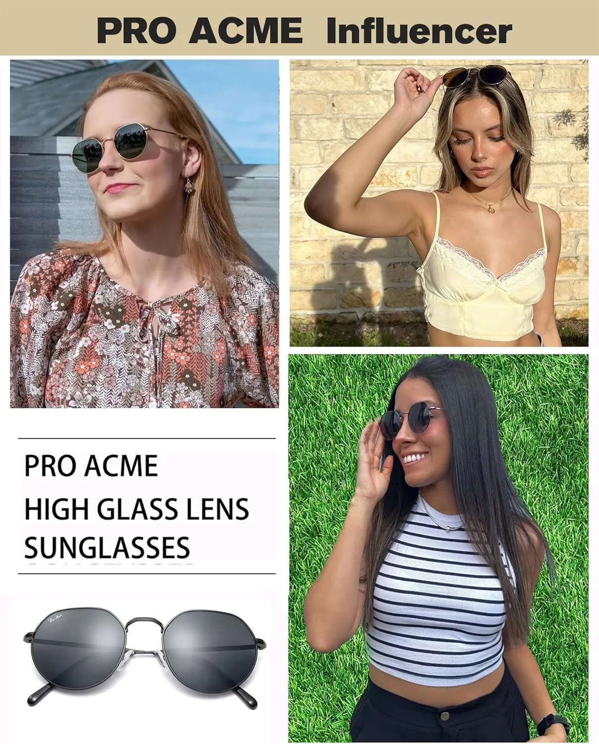 Pro Acme Glass Round Sunglasses for Women Men, Metal Frame Polygon Shades Sun Glass 53MM