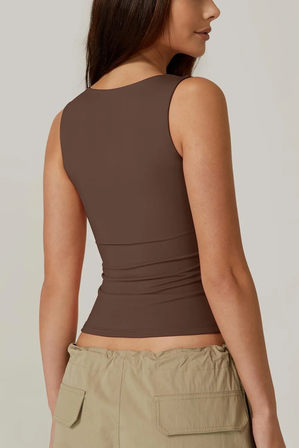 QINSEN Women's Square Neck Sleeveless Double-Layer Tank Tops Basic Tight T Shirts