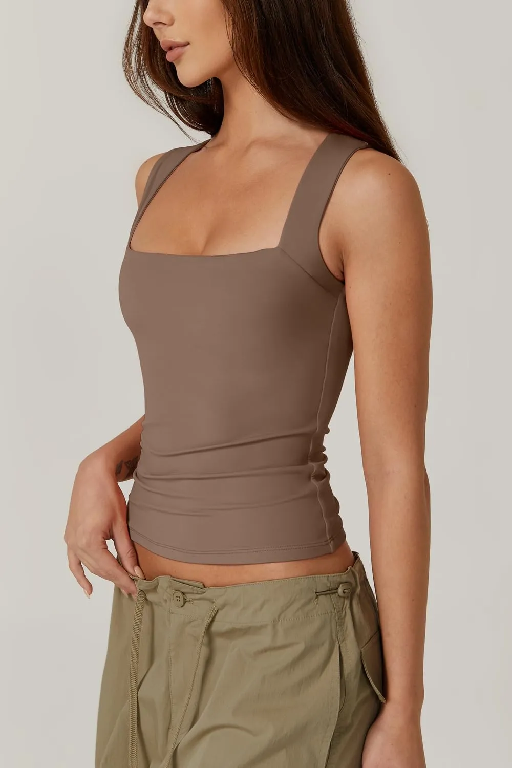 QINSEN Women's Square Neck Sleeveless Double-Layer Tank Tops Basic Tight T Shirts