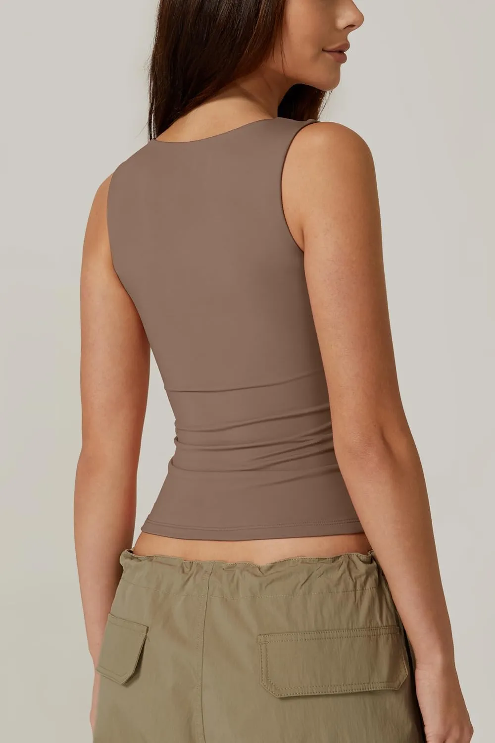 QINSEN Women's Square Neck Sleeveless Double-Layer Tank Tops Basic Tight T Shirts