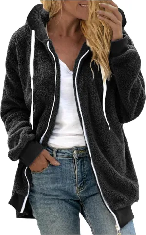 Quilted Jackets for Women Plus Size Fuzzy Fleece Jacket Winter Full Zip Plush Hooded Cardigan Coats Outerwear