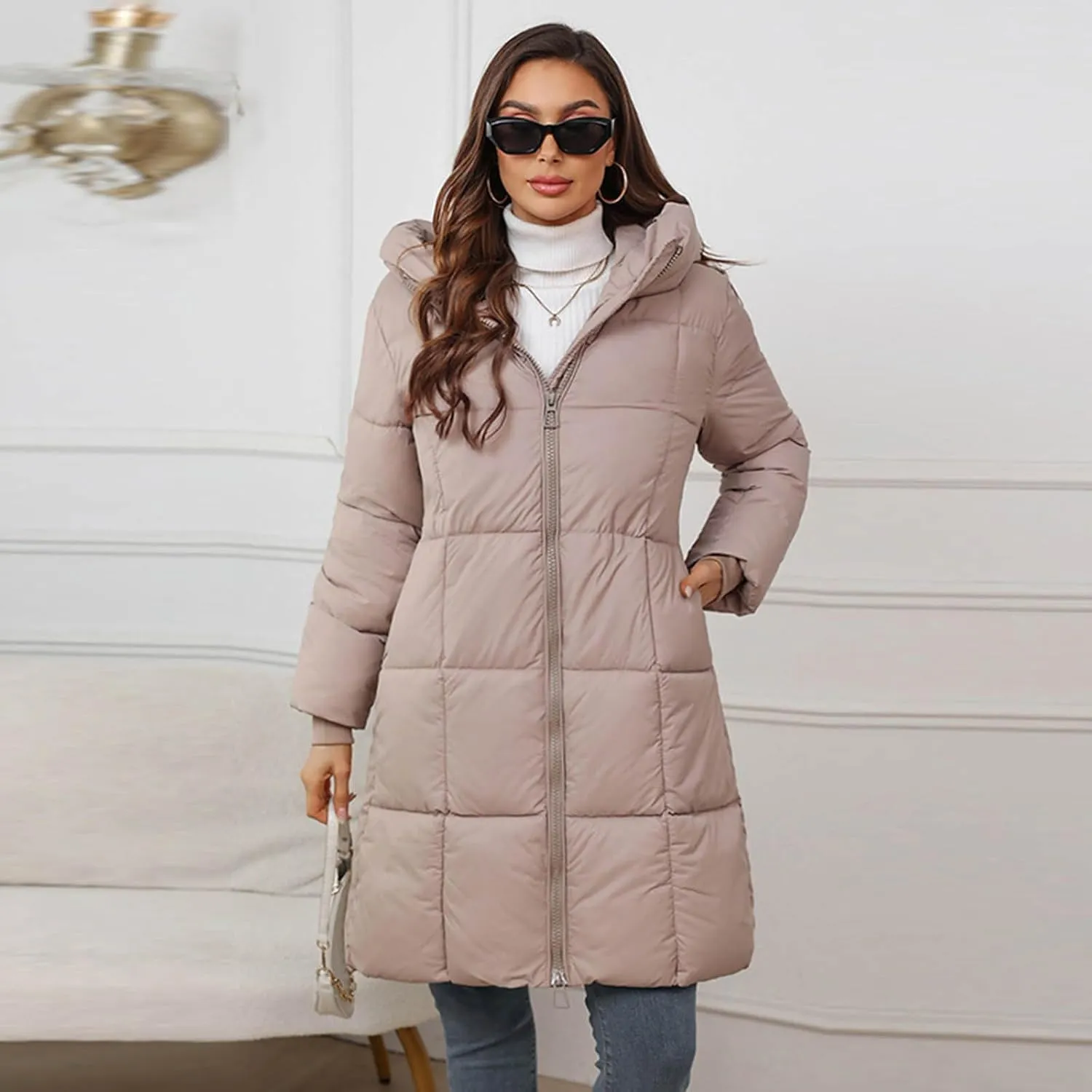 Quilted Jackets for Women Winter Thicken Puffer Coats Warm Down Jackets Zip Up Hood Outwear Casual Puffer Jacket