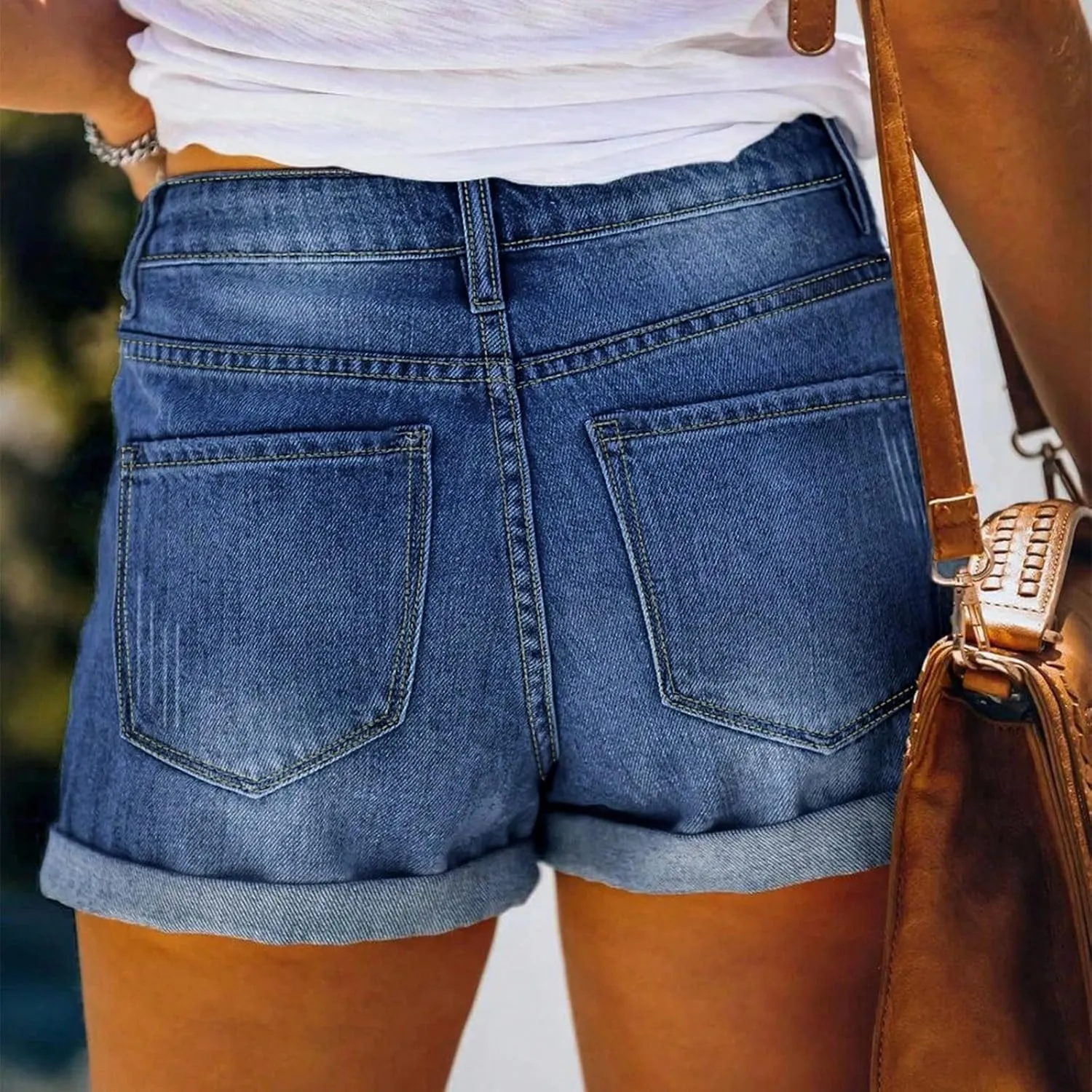 Ripped Jean Shorts Women Stretchy High Waisted Distressed Pull On Denim Shorts Comfy Cuffed Baggy Jorts with Pockets