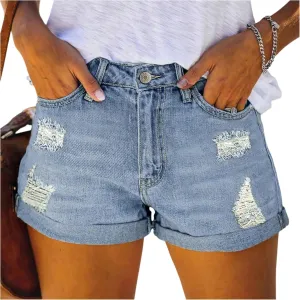 Ripped Jean Shorts Women Stretchy High Waisted Distressed Pull On Denim Shorts Comfy Cuffed Baggy Jorts with Pockets