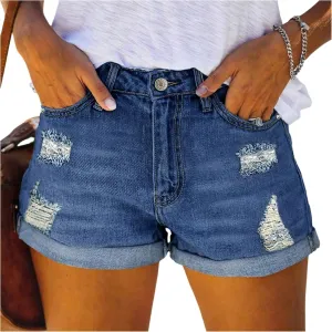 Ripped Jean Shorts Women Stretchy High Waisted Distressed Pull On Denim Shorts Comfy Cuffed Baggy Jorts with Pockets