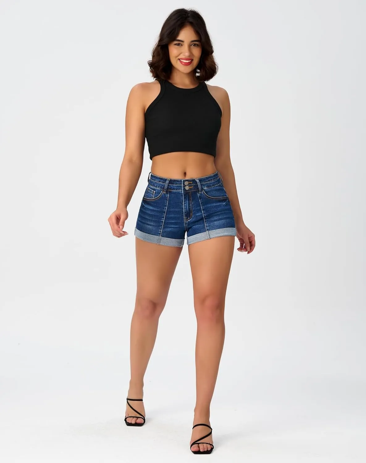 roswear Women's Cuffed Front Seam Stretchy Jean Shorts High Waisted Casual Summer Denim Shorts