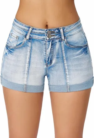 roswear Women's Cuffed Front Seam Stretchy Jean Shorts High Waisted Casual Summer Denim Shorts