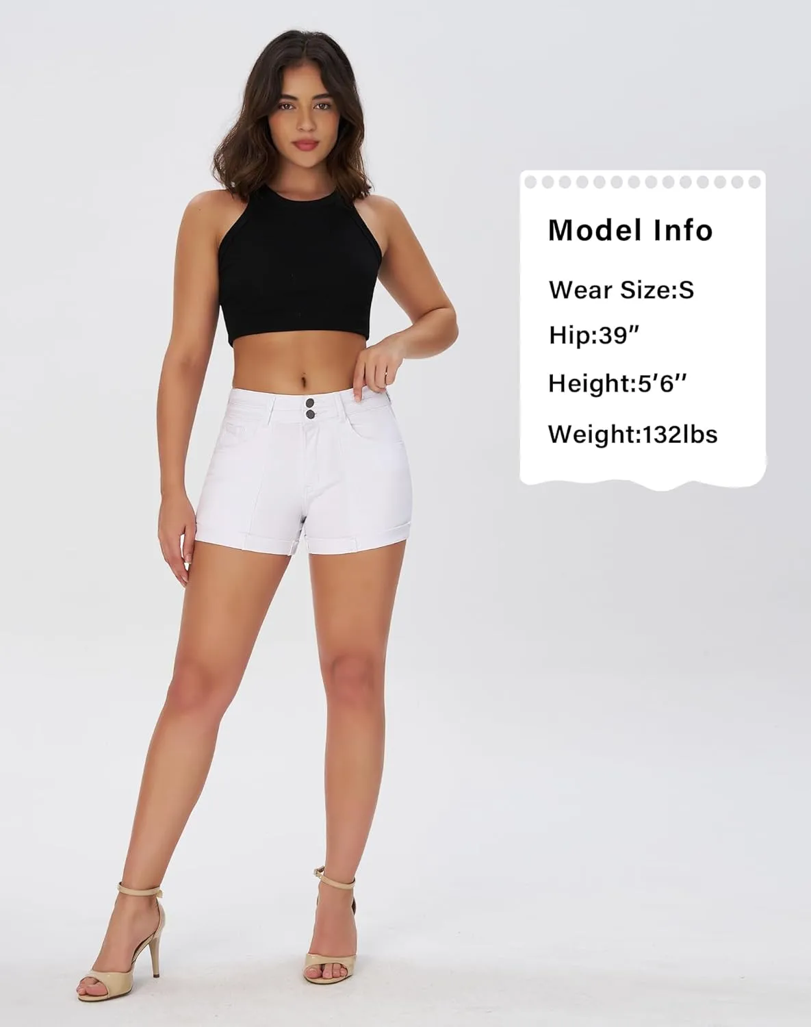 roswear Women's Cuffed Front Seam Stretchy Jean Shorts High Waisted Casual Summer Denim Shorts