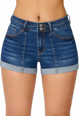 roswear Women's Cuffed Front Seam Stretchy Jean Shorts High Waisted Casual Summer Denim Shorts