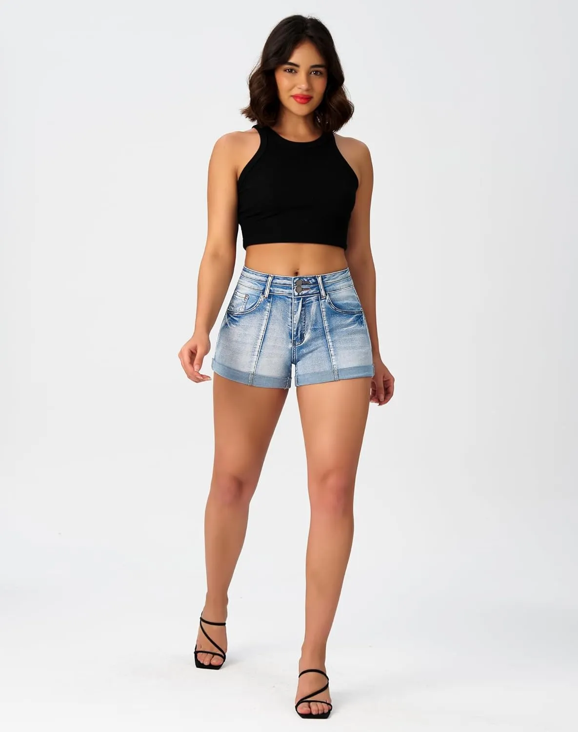 roswear Women's Cuffed Front Seam Stretchy Jean Shorts High Waisted Casual Summer Denim Shorts