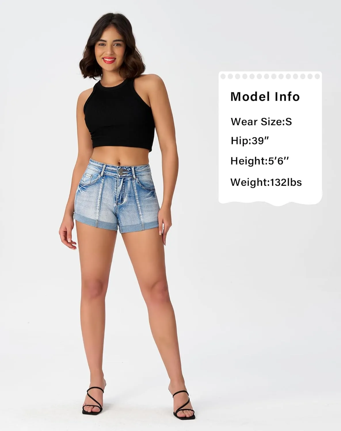 roswear Women's Cuffed Front Seam Stretchy Jean Shorts High Waisted Casual Summer Denim Shorts
