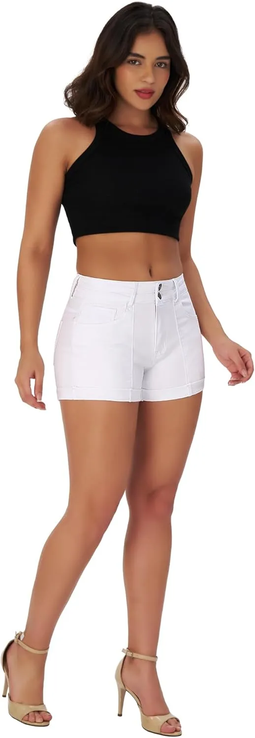 roswear Women's Cuffed Front Seam Stretchy Jean Shorts High Waisted Casual Summer Denim Shorts