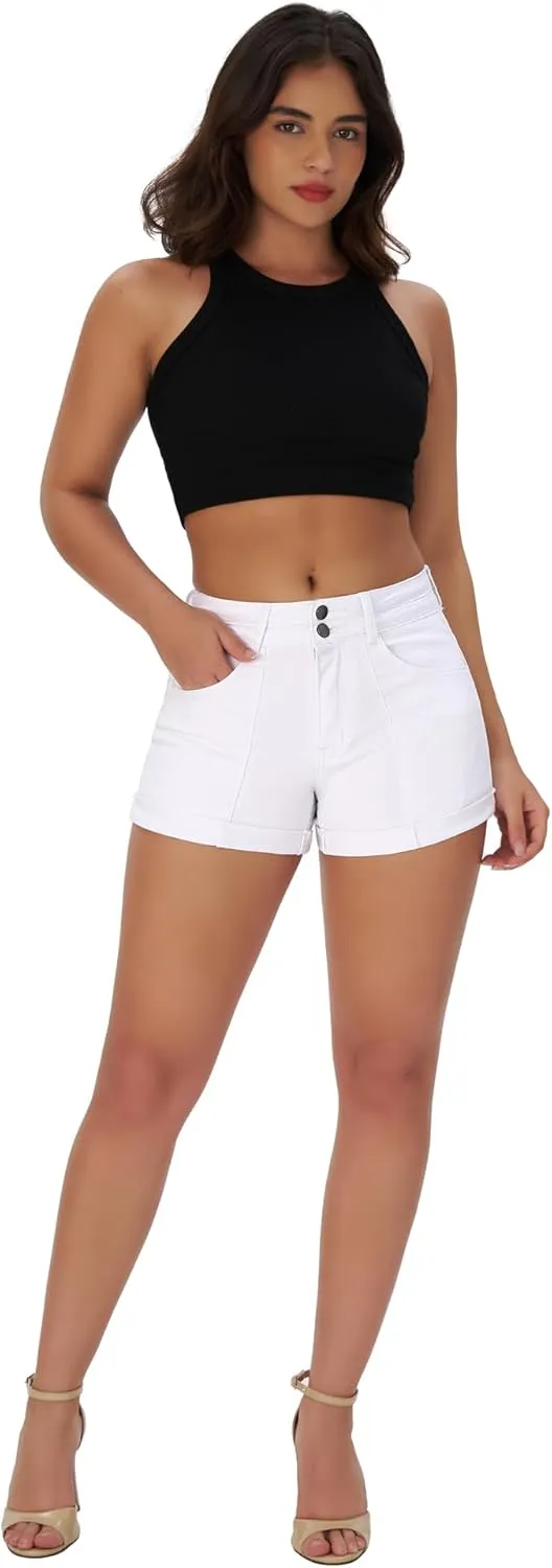 roswear Women's Cuffed Front Seam Stretchy Jean Shorts High Waisted Casual Summer Denim Shorts
