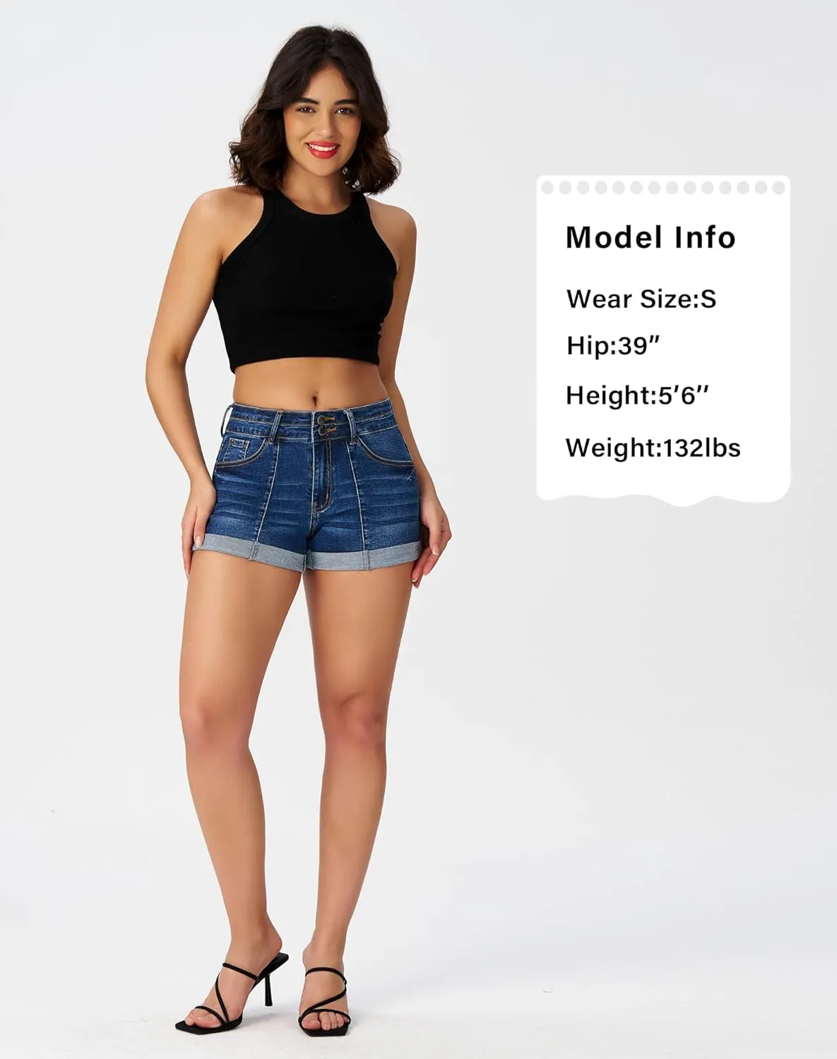 roswear Women's Cuffed Front Seam Stretchy Jean Shorts High Waisted Casual Summer Denim Shorts