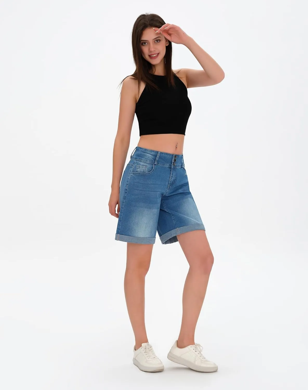 roswear Women's High Waisted Stretchy Wide Leg Denim Shorts Casual Summer Cuffed Long Jean Shorts