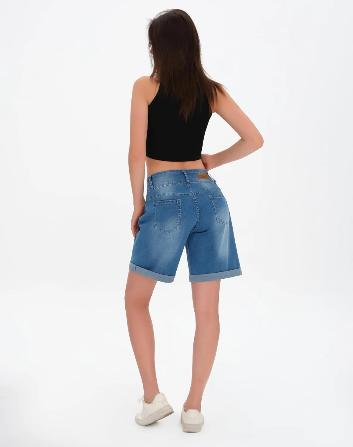 roswear Women's High Waisted Stretchy Wide Leg Denim Shorts Casual Summer Cuffed Long Jean Shorts