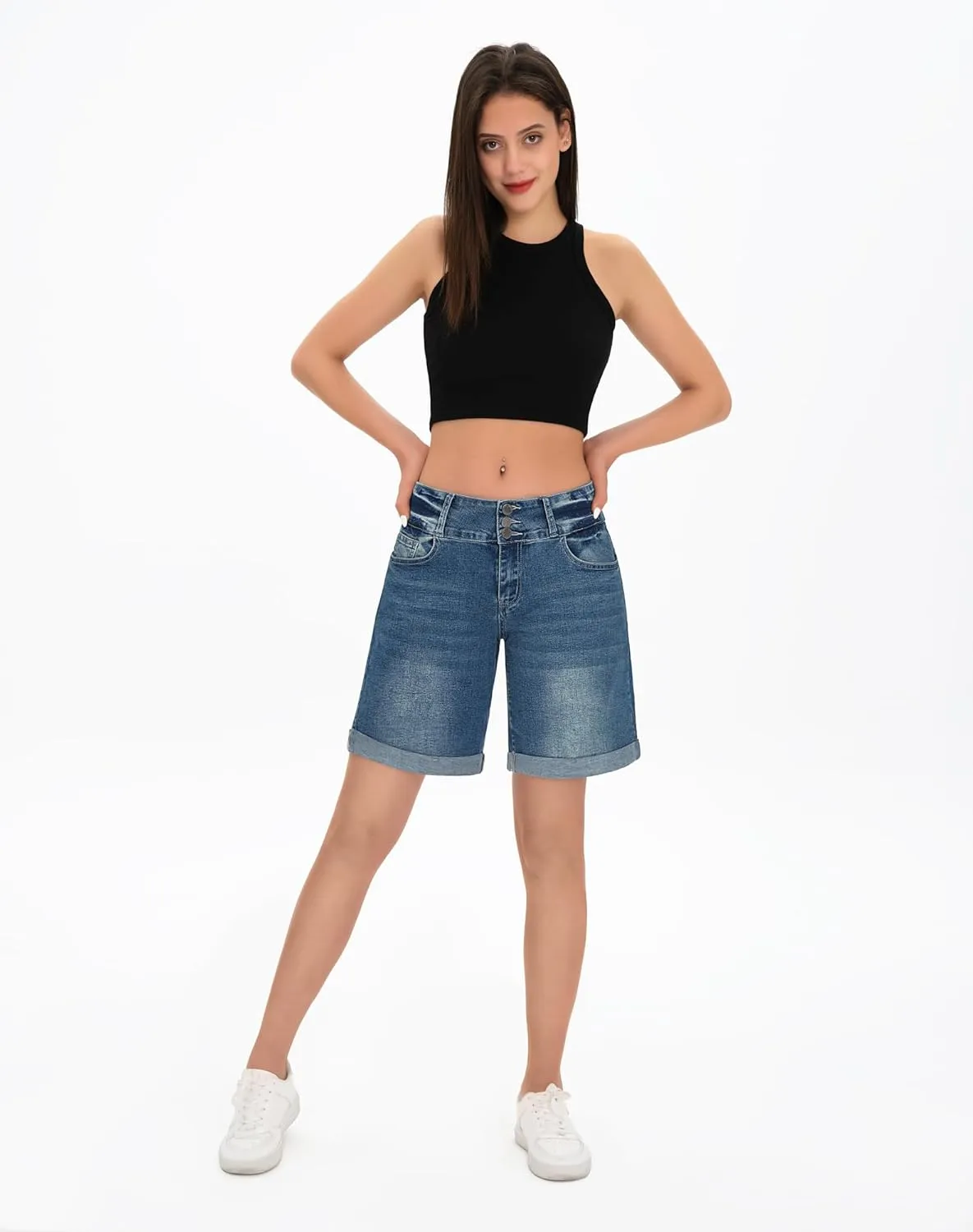roswear Women's High Waisted Stretchy Wide Leg Denim Shorts Casual Summer Cuffed Long Jean Shorts