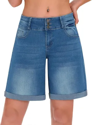 roswear Women's High Waisted Stretchy Wide Leg Denim Shorts Casual Summer Cuffed Long Jean Shorts