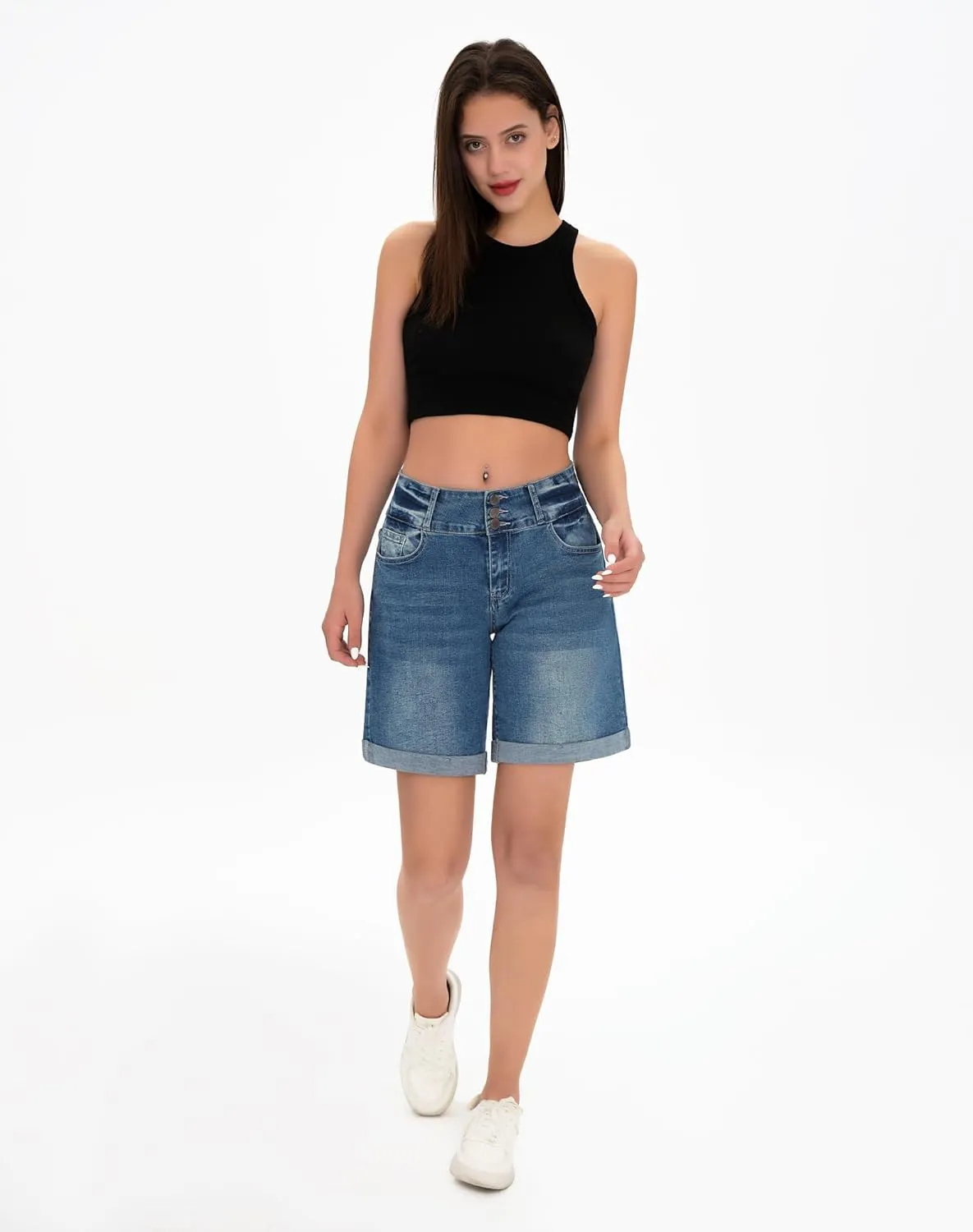 roswear Women's High Waisted Stretchy Wide Leg Denim Shorts Casual Summer Cuffed Long Jean Shorts