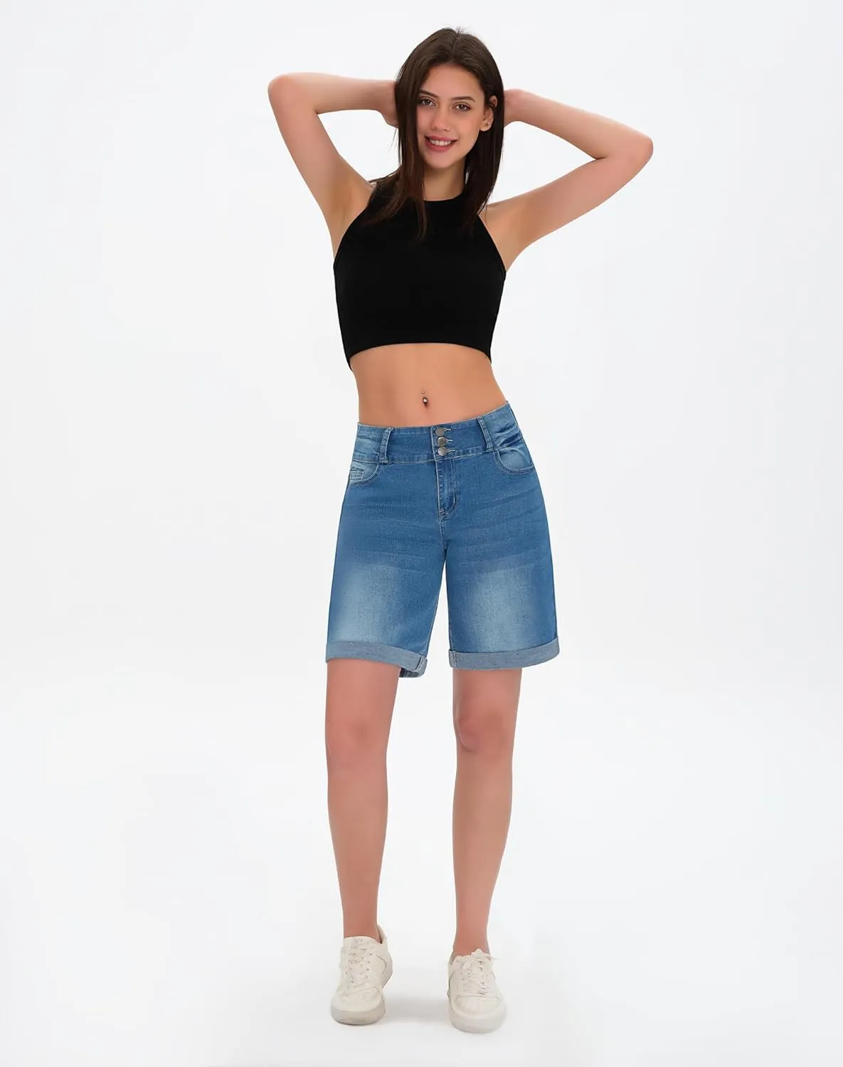 roswear Women's High Waisted Stretchy Wide Leg Denim Shorts Casual Summer Cuffed Long Jean Shorts