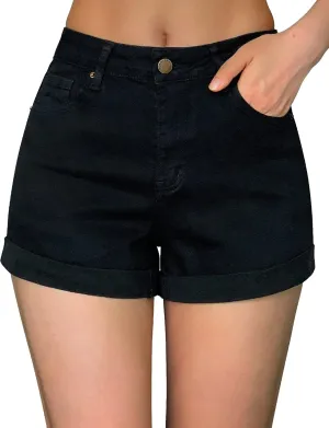 roswear Women's Stretchy Casual High Waisted Cuffed Denim Jean Shorts