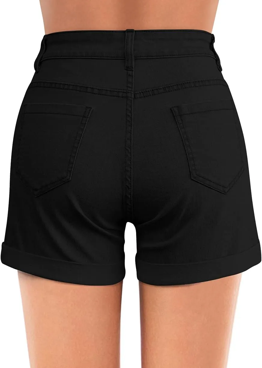 roswear Women's Stretchy Casual High Waisted Cuffed Denim Jean Shorts