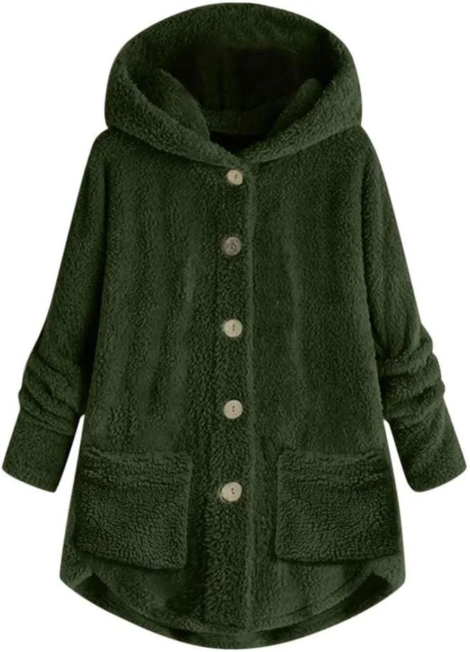 Sherpa Jacket Women Trendy Winter Long Sleeve Fleece Jacket Faux Fur Outerwear Full Button Warming Coats with Pockets