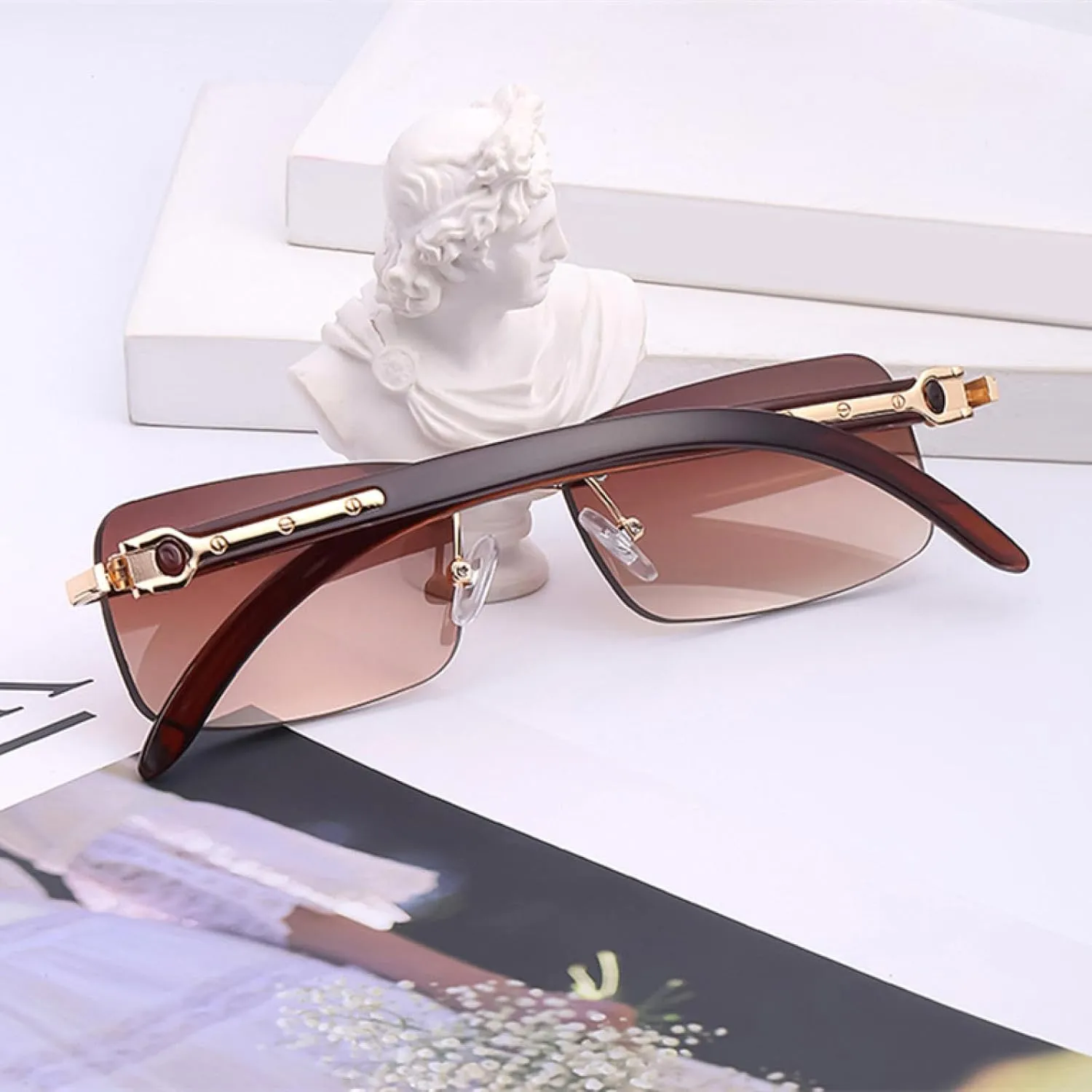 Small Rectangle Rimless Sunglasses for Men Luxury Vintage Classic Uv400