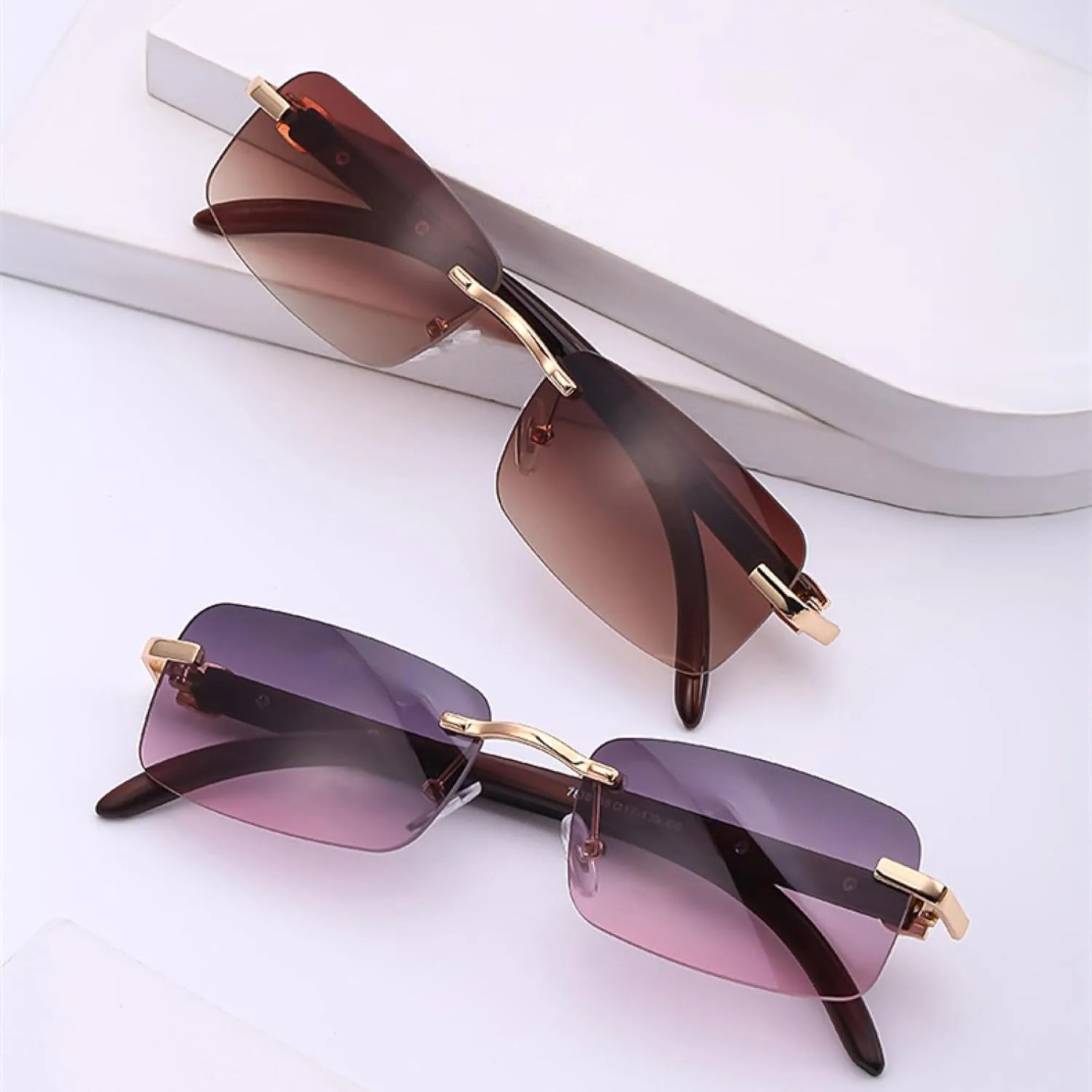Small Rectangle Rimless Sunglasses for Men Luxury Vintage Classic Uv400