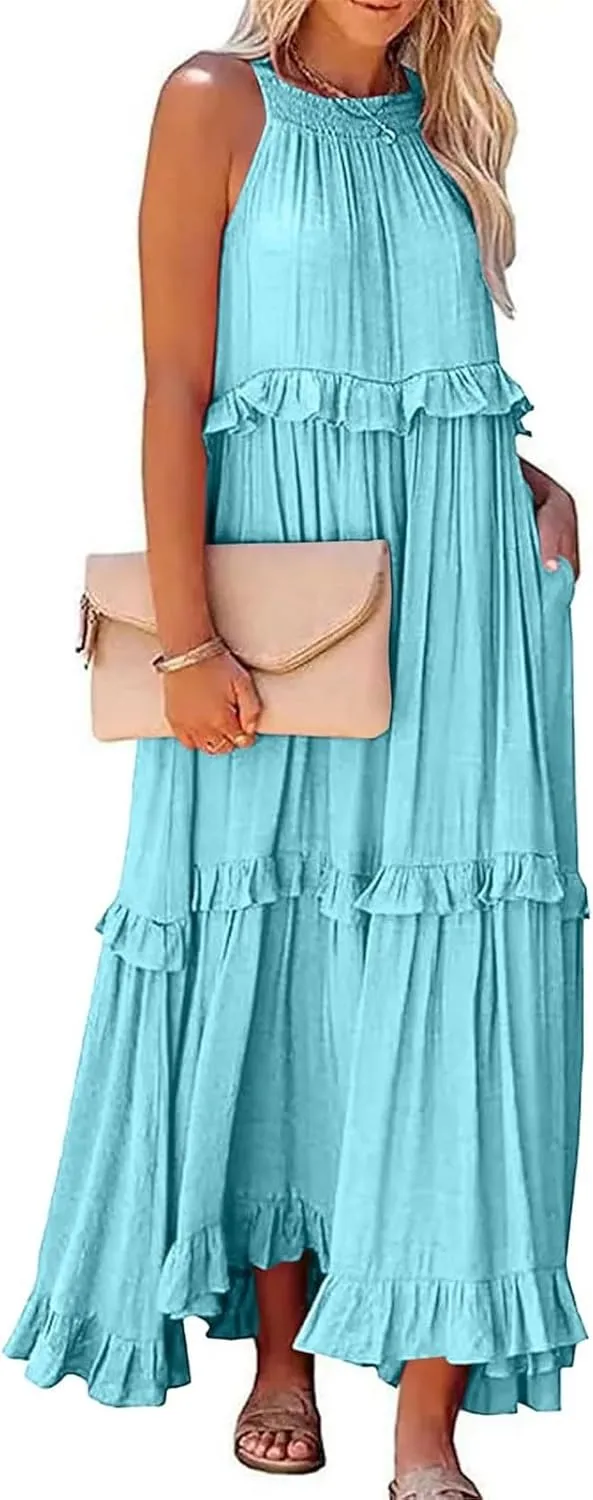 Smocked Dress Women Summer Sleeveless Tank Halter Tie Back Loose Flowy Ruffle Tiered Maxi Dress with Pockets