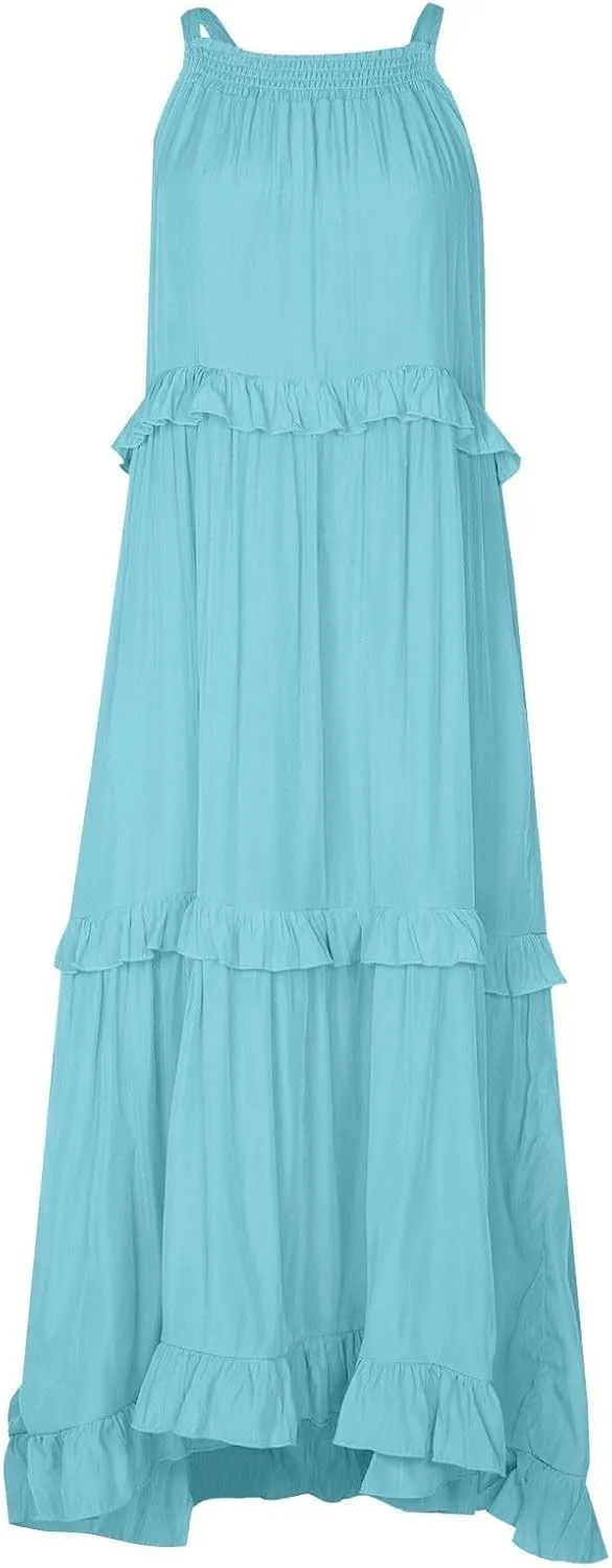 Smocked Dress Women Summer Sleeveless Tank Halter Tie Back Loose Flowy Ruffle Tiered Maxi Dress with Pockets