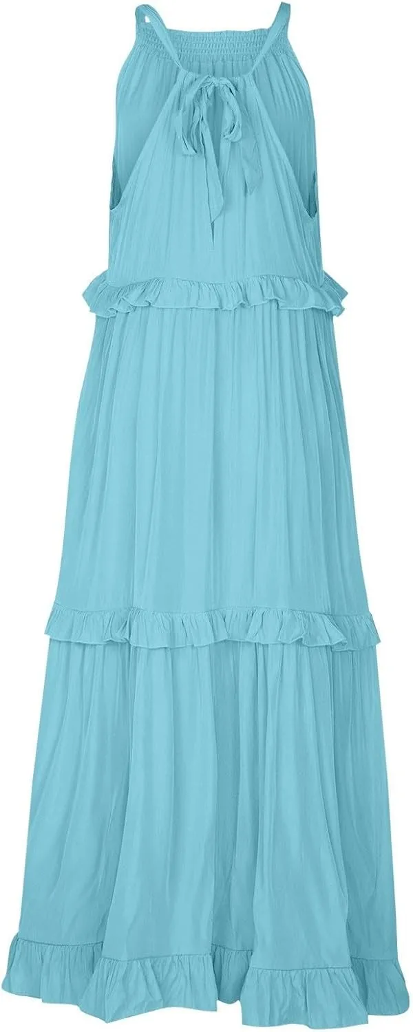 Smocked Dress Women Summer Sleeveless Tank Halter Tie Back Loose Flowy Ruffle Tiered Maxi Dress with Pockets