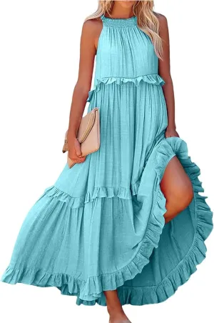 Smocked Dress Women Summer Sleeveless Tank Halter Tie Back Loose Flowy Ruffle Tiered Maxi Dress with Pockets