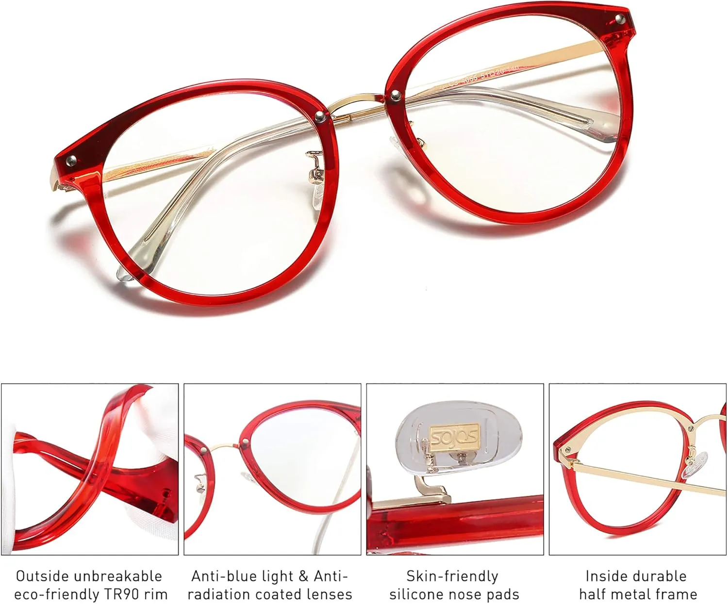 SOJOS Retro Round TR90 Blue Light Reading Glasses Womens Mens Readers Computer Glasses Eyewear Frame SJ9001