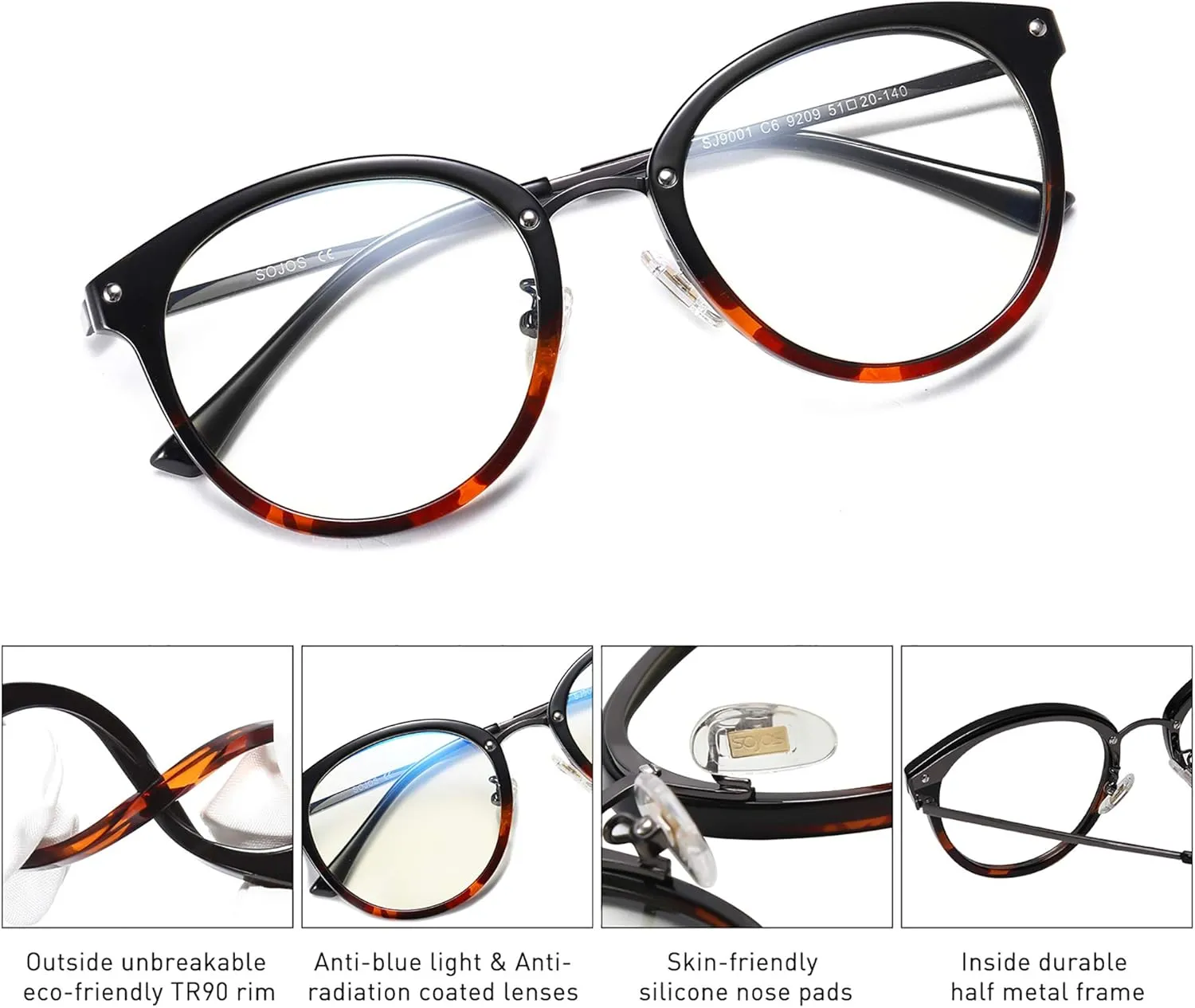 SOJOS Retro Round TR90 Blue Light Reading Glasses Womens Mens Readers Computer Glasses Eyewear Frame SJ9001