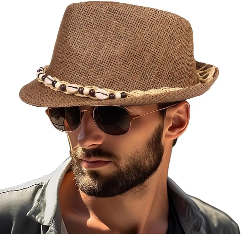 Straw Fedora Hat for Men Women Short Brim Panama Sun Beach Hat Summer Roll Up Cuban Trilby Sun Hat UPF 50 