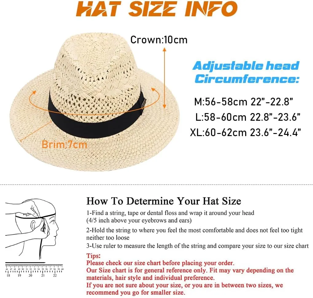 Straw Fedora Hat for Men Women Summer Sun Wide Brim Beach Panama Hats