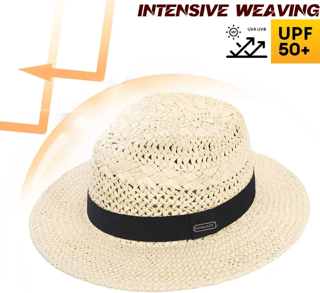 Straw Fedora Hat for Men Women Summer Sun Wide Brim Beach Panama Hats