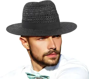 Straw Fedora Hat for Men Women Summer Sun Wide Brim Beach Panama Hats