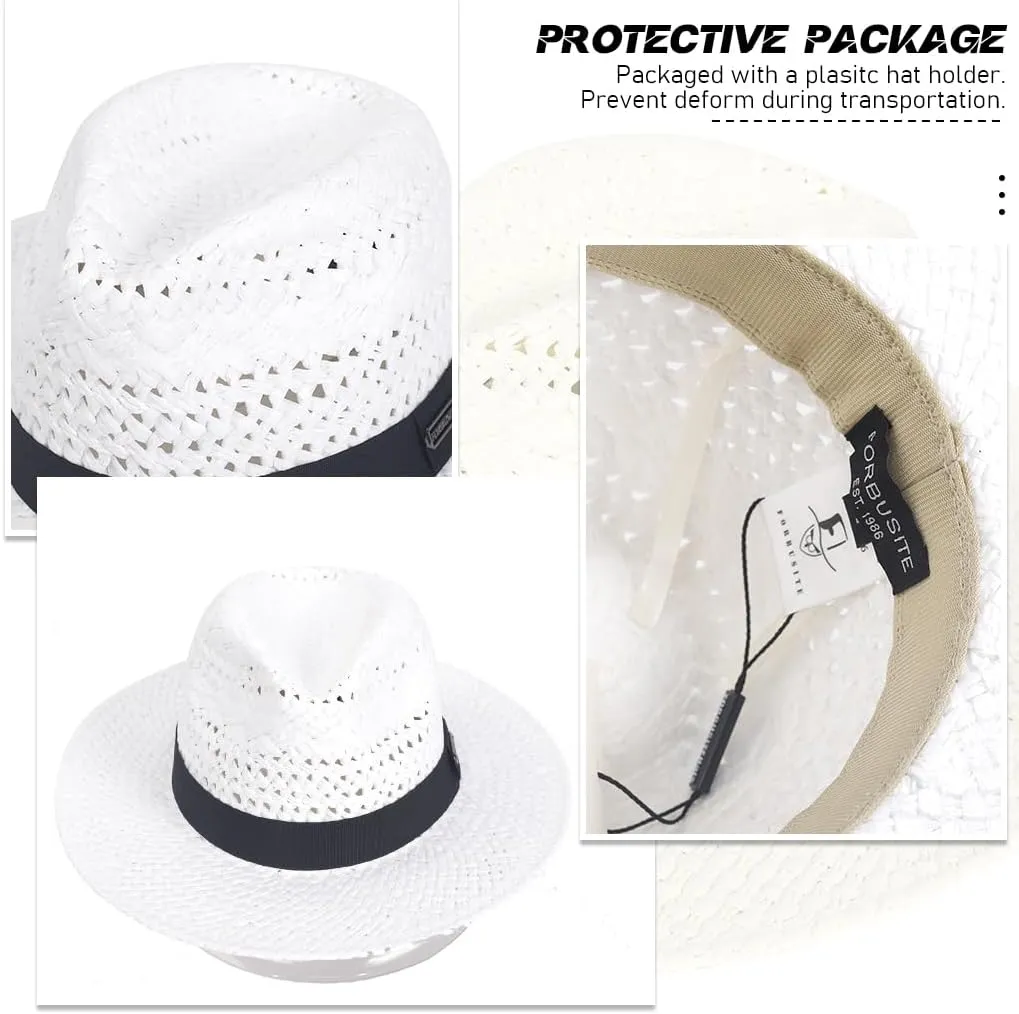 Straw Fedora Hat for Men Women Summer Sun Wide Brim Beach Panama Hats