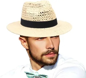 Straw Fedora Hat for Men Women Summer Sun Wide Brim Beach Panama Hats