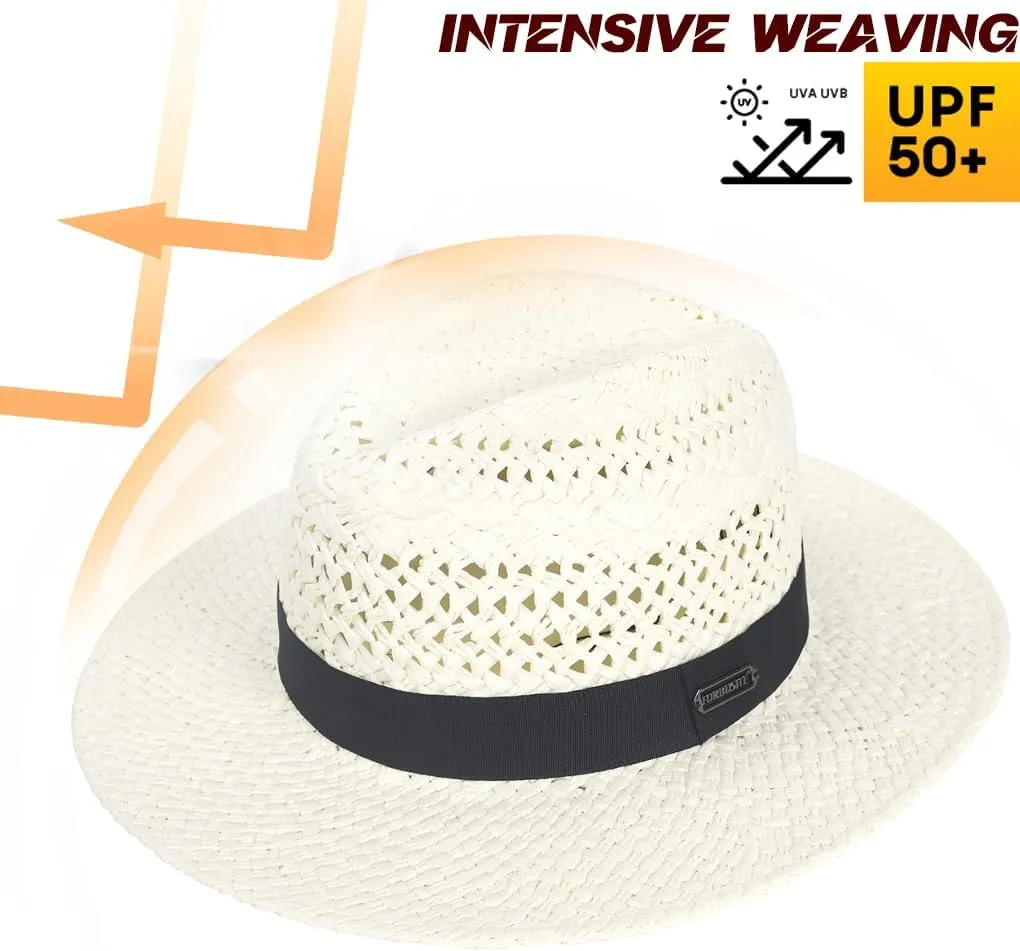 Straw Fedora Hat for Men Women Summer Sun Wide Brim Beach Panama Hats