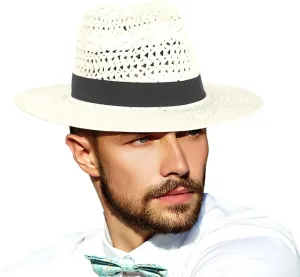 Straw Fedora Hat for Men Women Summer Sun Wide Brim Beach Panama Hats