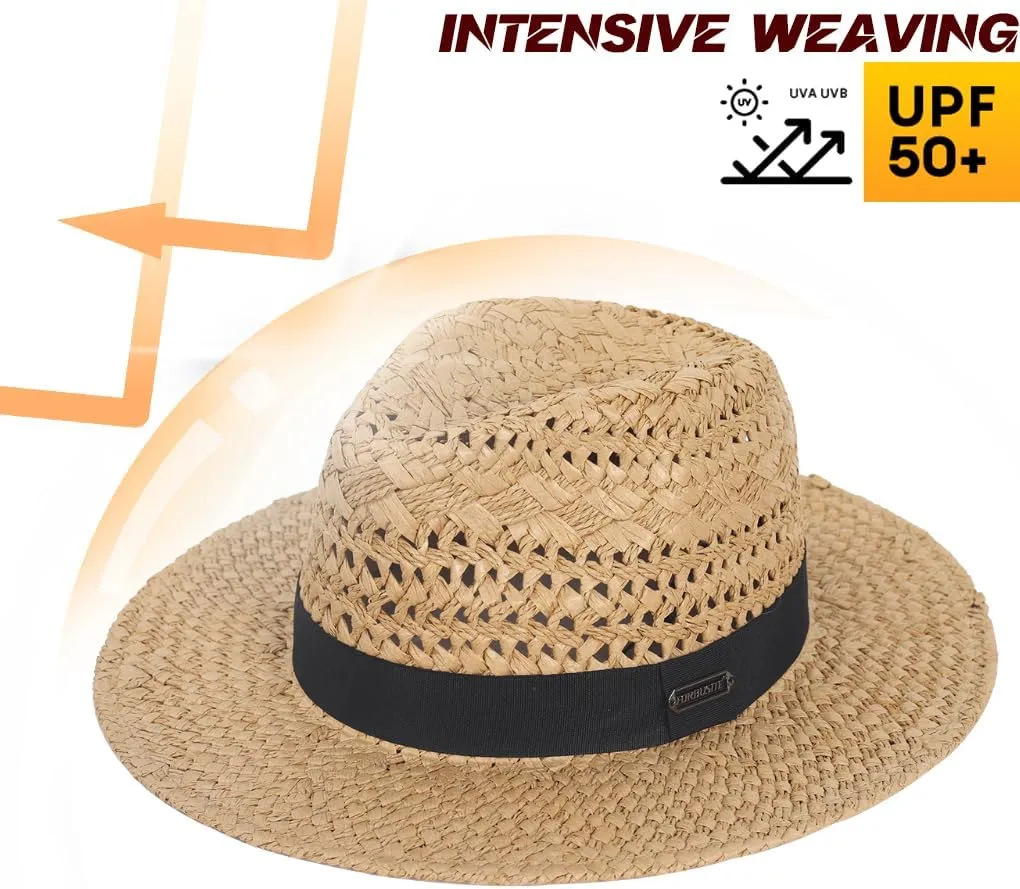 Straw Fedora Hat for Men Women Summer Sun Wide Brim Beach Panama Hats